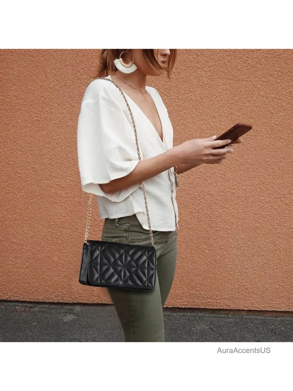 Quilted PU Leather Crossbody Bag with Gold Chain Satchel Clutch